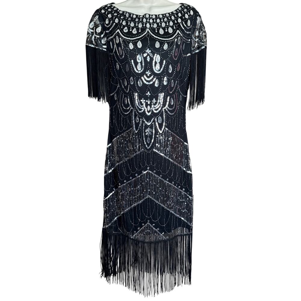 Unique Vintage Black & Silver Sequin Fringe Sleeved Laure Flapper Dress M NWOT - Picture 4 of 10